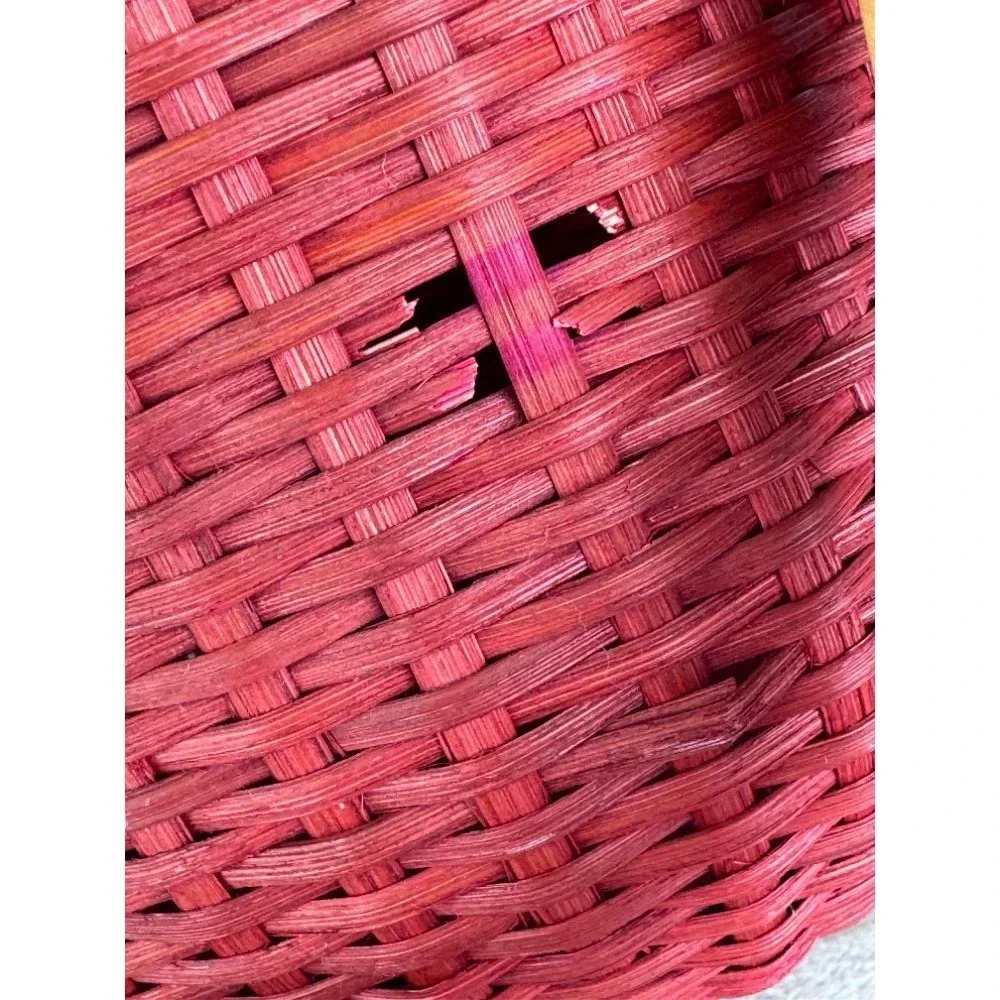 Red Woven Oval Basket with Double Wood Swing Handles Rustic Home Decor Primitive
